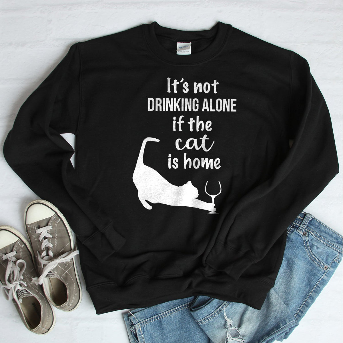 It&#39;s Not Drinking Alone If the Cat is Home - Long Sleeve Heavy Crewneck Sweatshirt