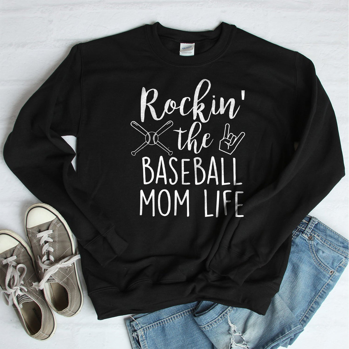 Rockin&#39; The Baseball Mom Life - Long Sleeve Heavy Crewneck Sweatshirt