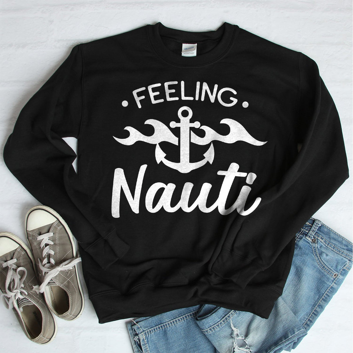 Feeling Nauti with Anchor - Long Sleeve Heavy Crewneck Sweatshirt