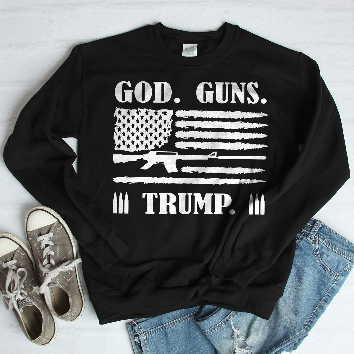 God Guns &amp; Trump - Long Sleeve Heavy Crewneck Sweatshirt