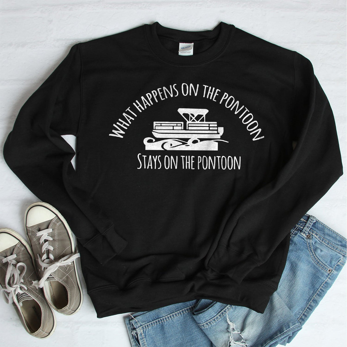 What Happens on the Pontoon Stays on the Pontoon - Long Sleeve Heavy Crewneck Sweatshirt