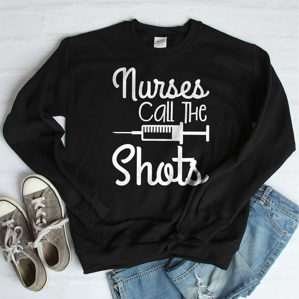 Nurses Call the Shots - Long Sleeve Heavy Crewneck Sweatshirt