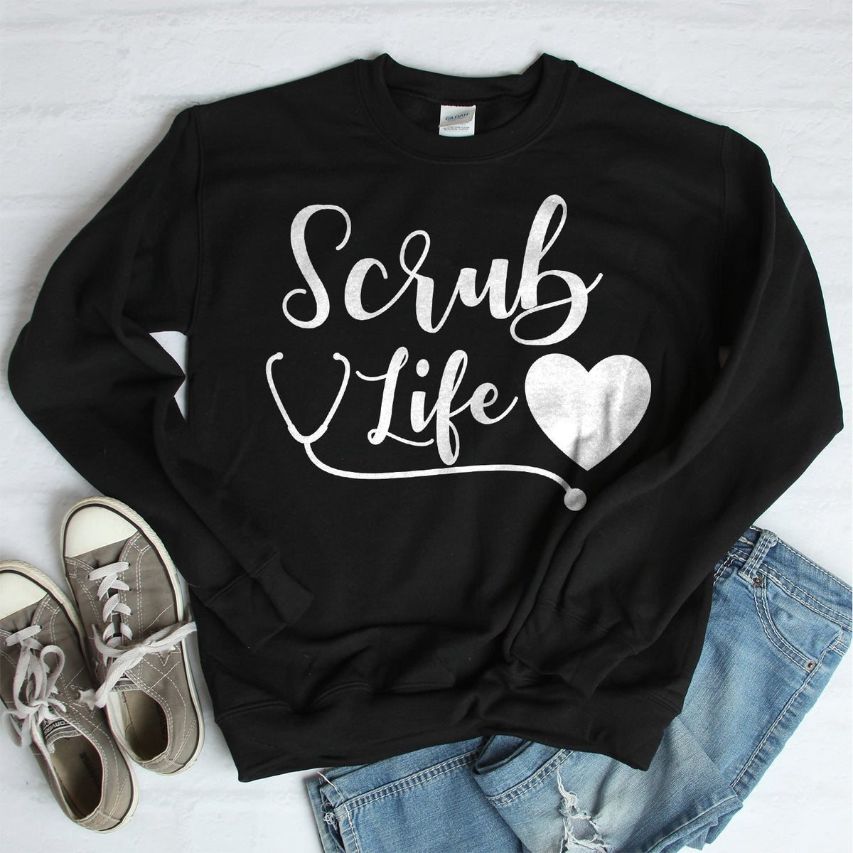 Scrub Life with Stethoscope and Heart - Long Sleeve Heavy Crewneck Sweatshirt