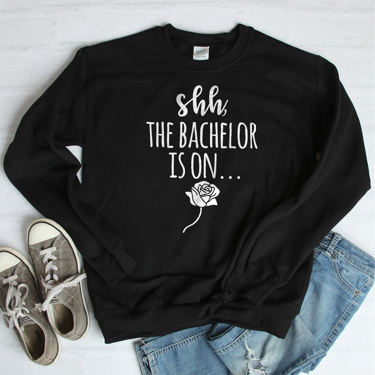 Shh The Bachelor is On - Long Sleeve Heavy Crewneck Sweatshirt
