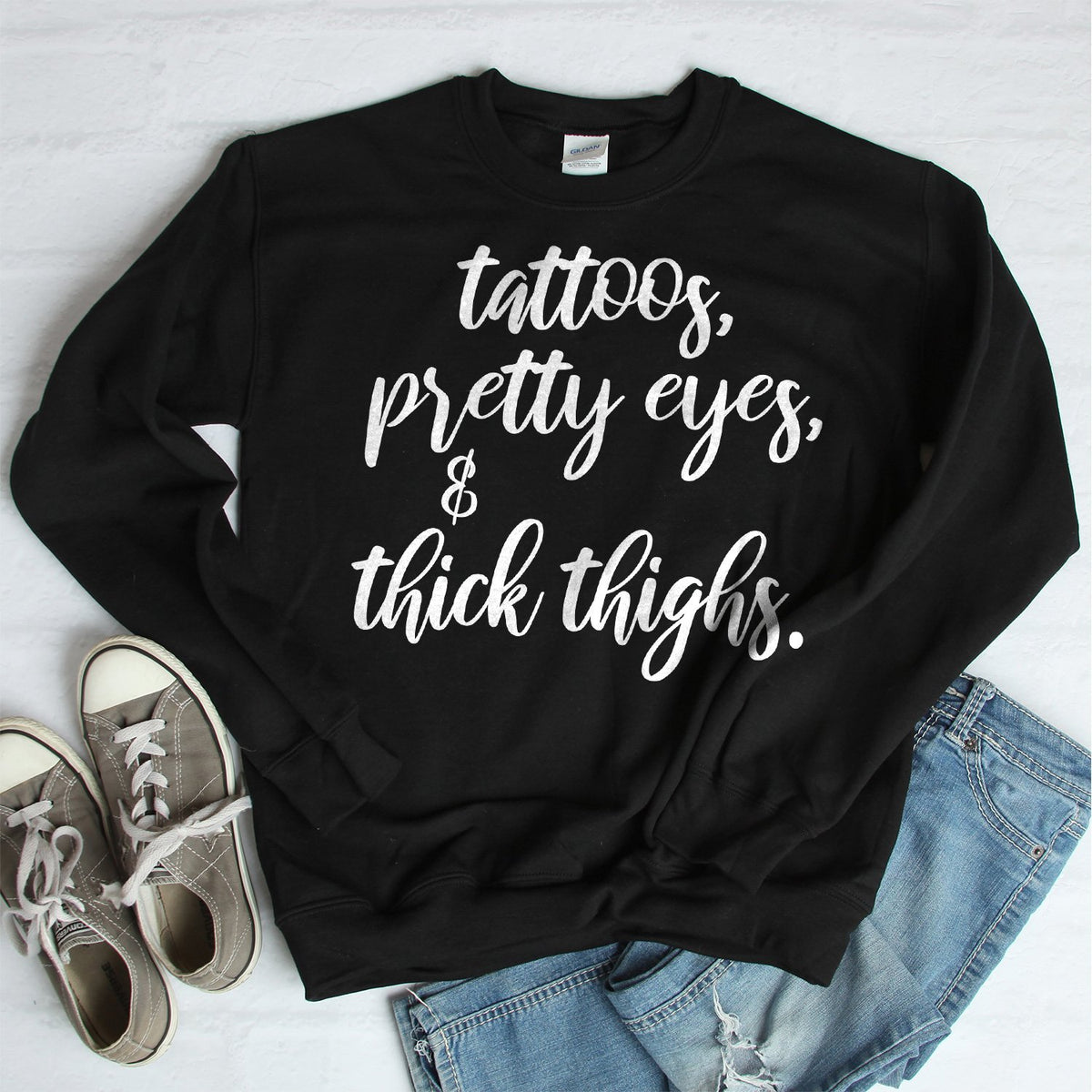 Tattoos, Pretty Eyes &amp; Thick Thighs - Long Sleeve Heavy Crewneck Sweatshirt