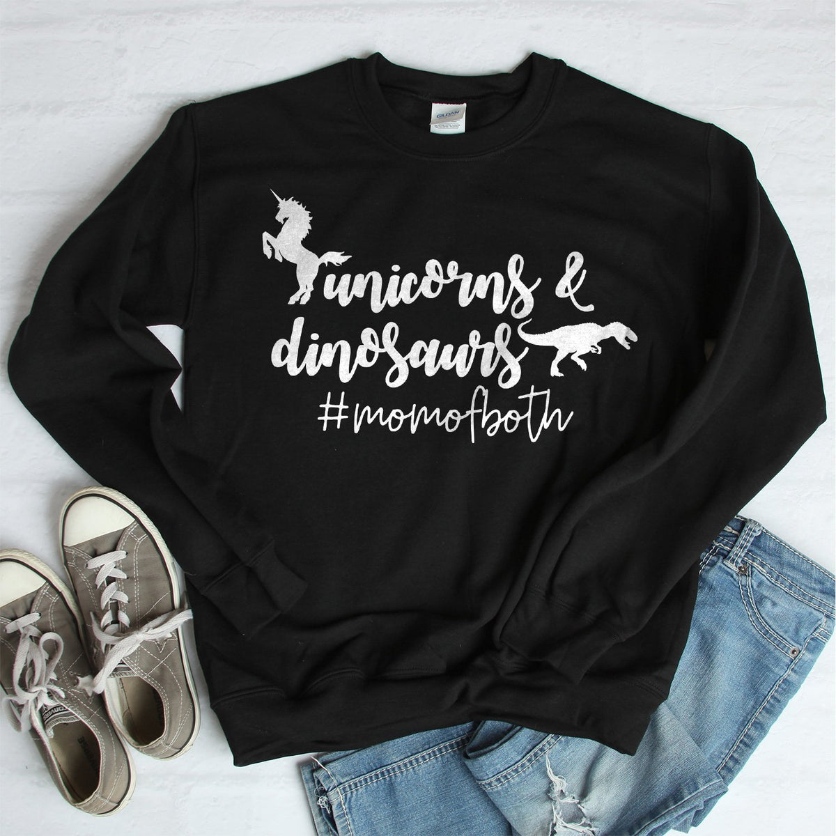 Unicorns &amp; Dinosaurs #MomOfBoth - Long Sleeve Heavy Crewneck Sweatshirt