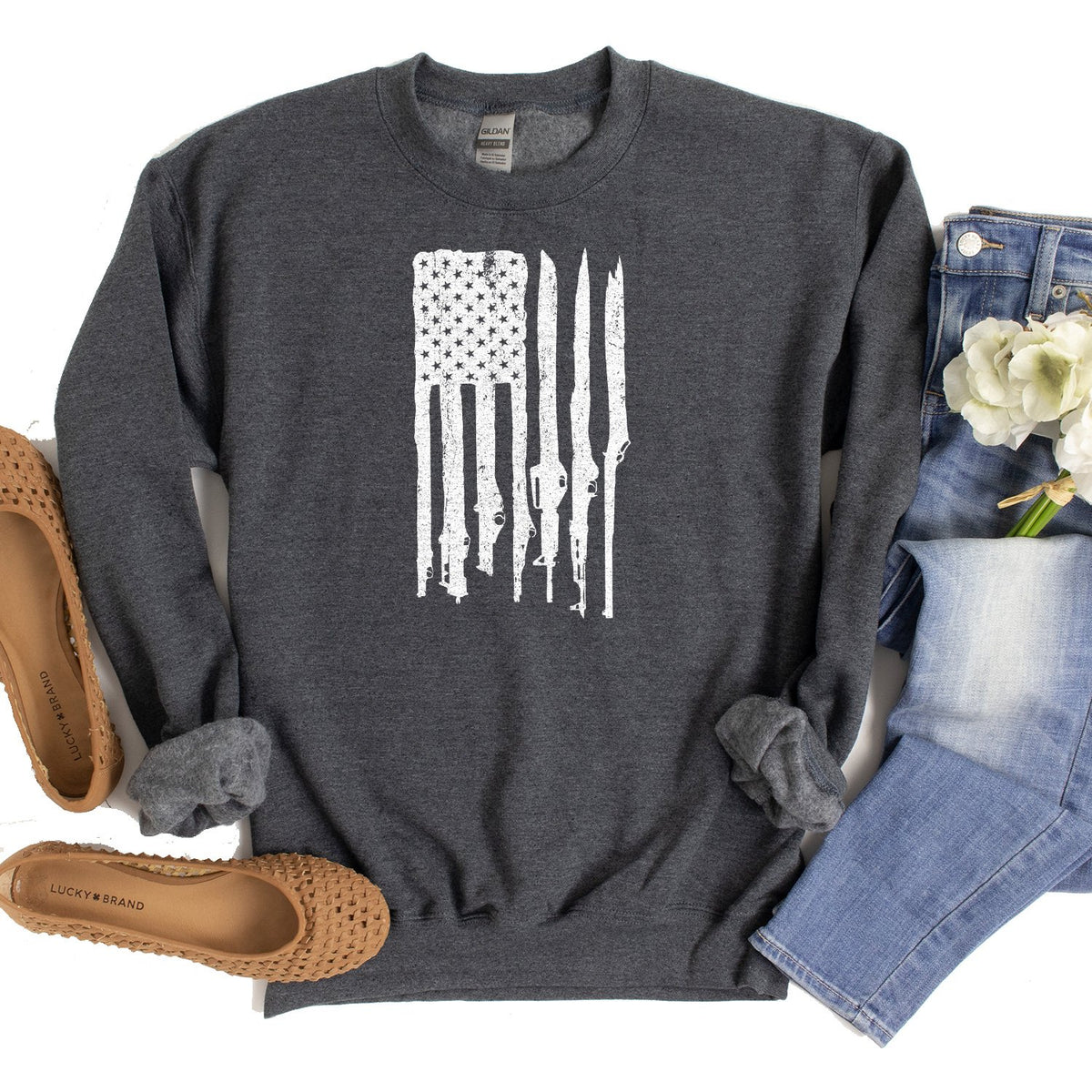 American Flag with Guns - Long Sleeve Heavy Crewneck Sweatshirt