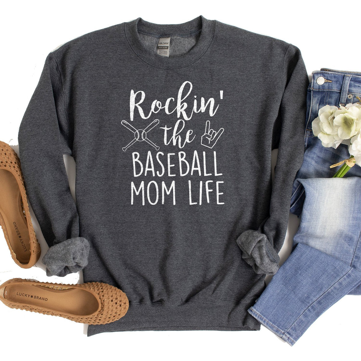 Rockin&#39; The Baseball Mom Life - Long Sleeve Heavy Crewneck Sweatshirt