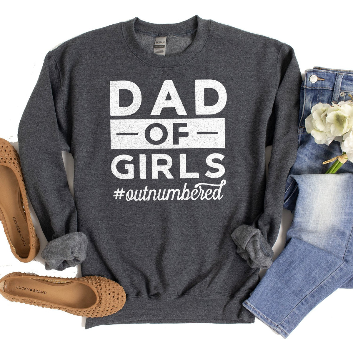 Dad Of Girls Outnumbered - Long Sleeve Heavy Crewneck Sweatshirt