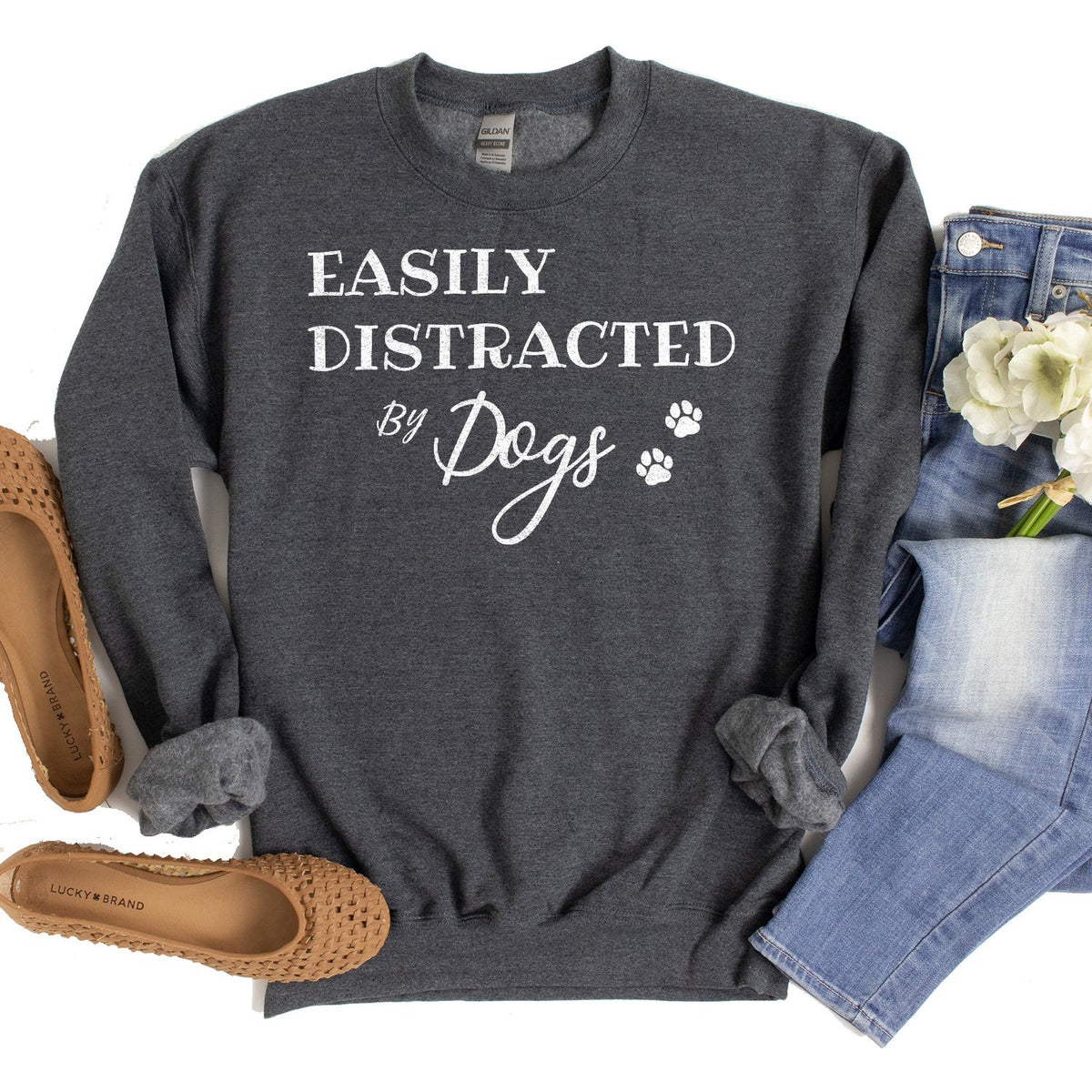 Easily Distracted By Dogs - Long Sleeve Heavy Crewneck Sweatshirt