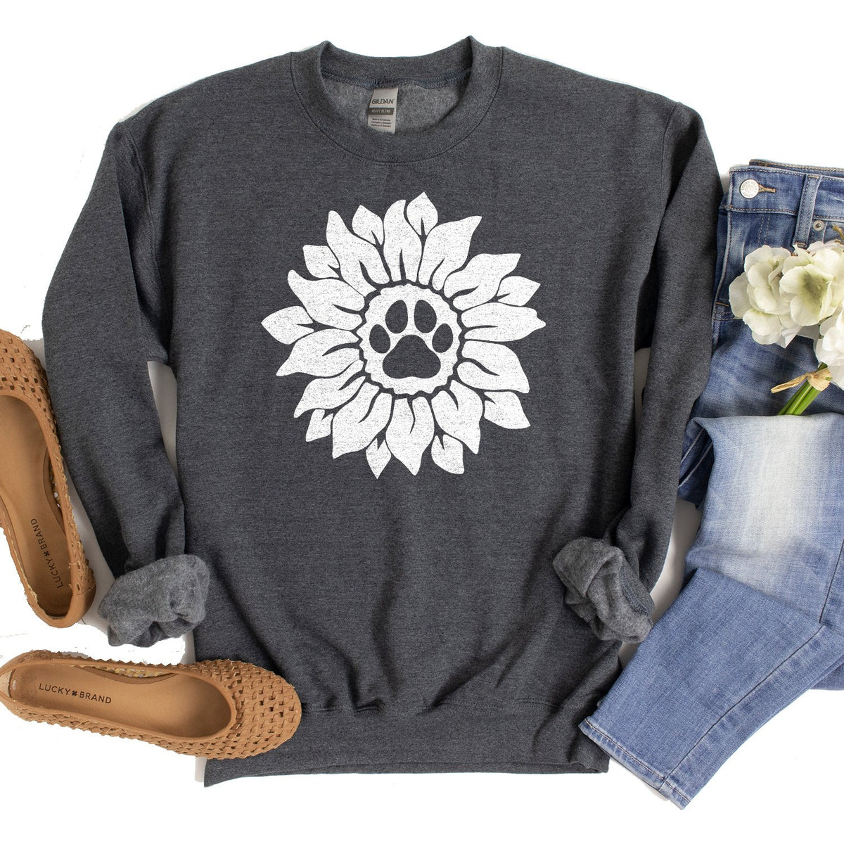 Dog Paw Sunflower - Long Sleeve Heavy Crewneck Sweatshirt