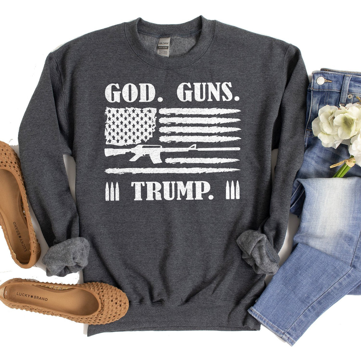God Guns &amp; Trump - Long Sleeve Heavy Crewneck Sweatshirt