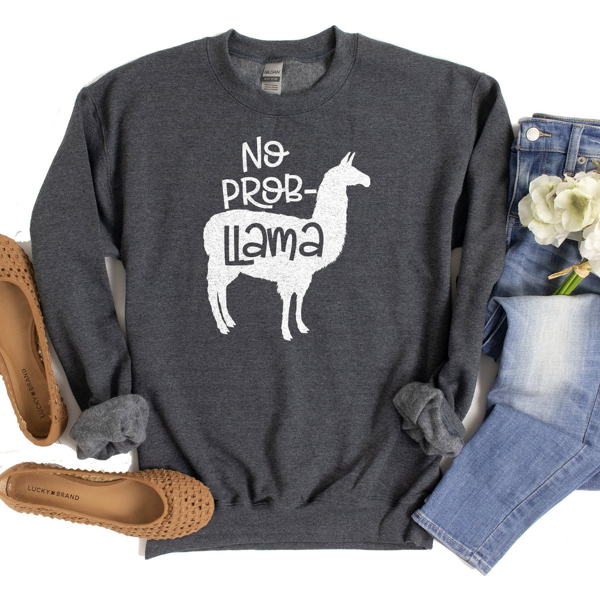 No Problem Llama - Long Sleeve Heavy Crewneck Sweatshirt