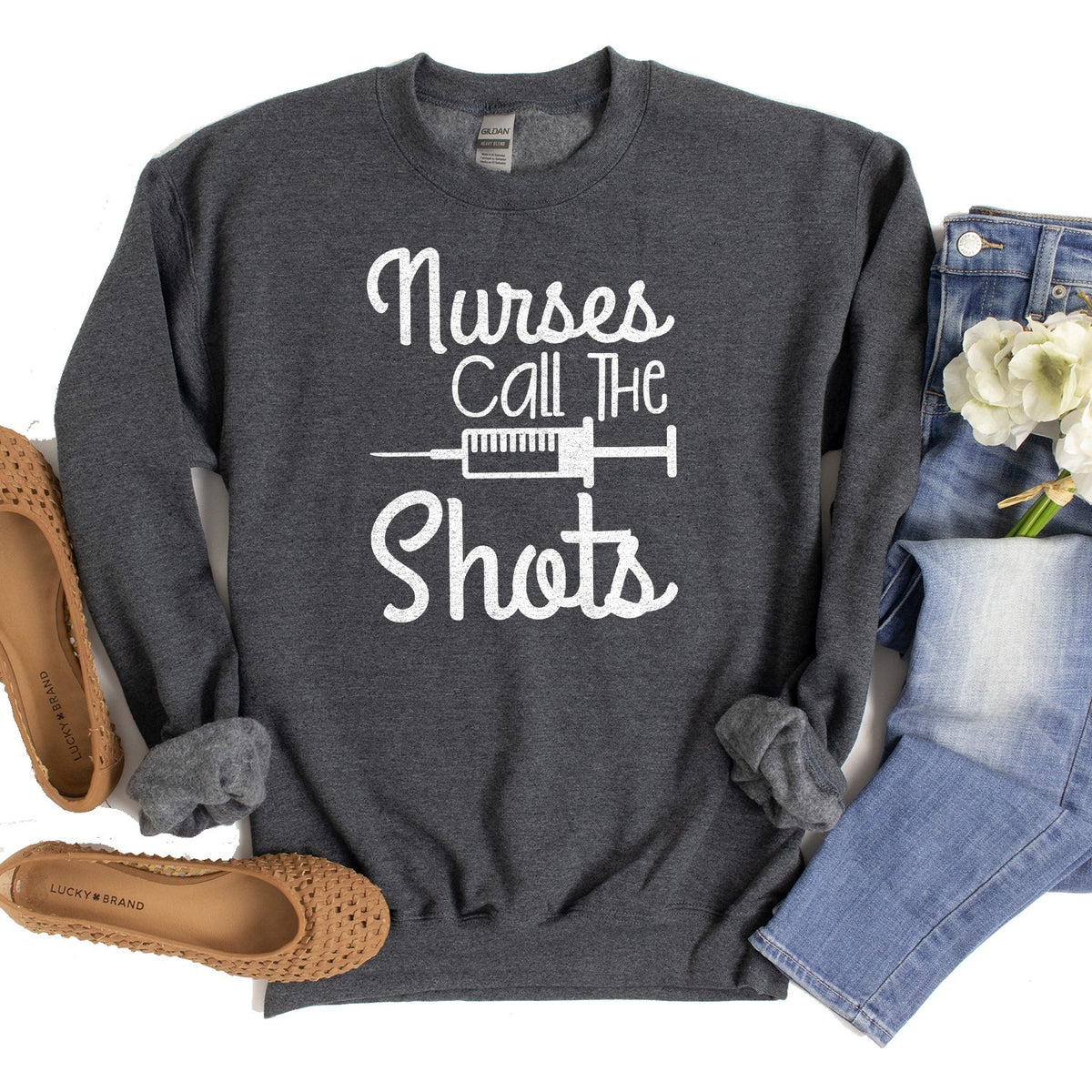 Nurses Call the Shots - Long Sleeve Heavy Crewneck Sweatshirt