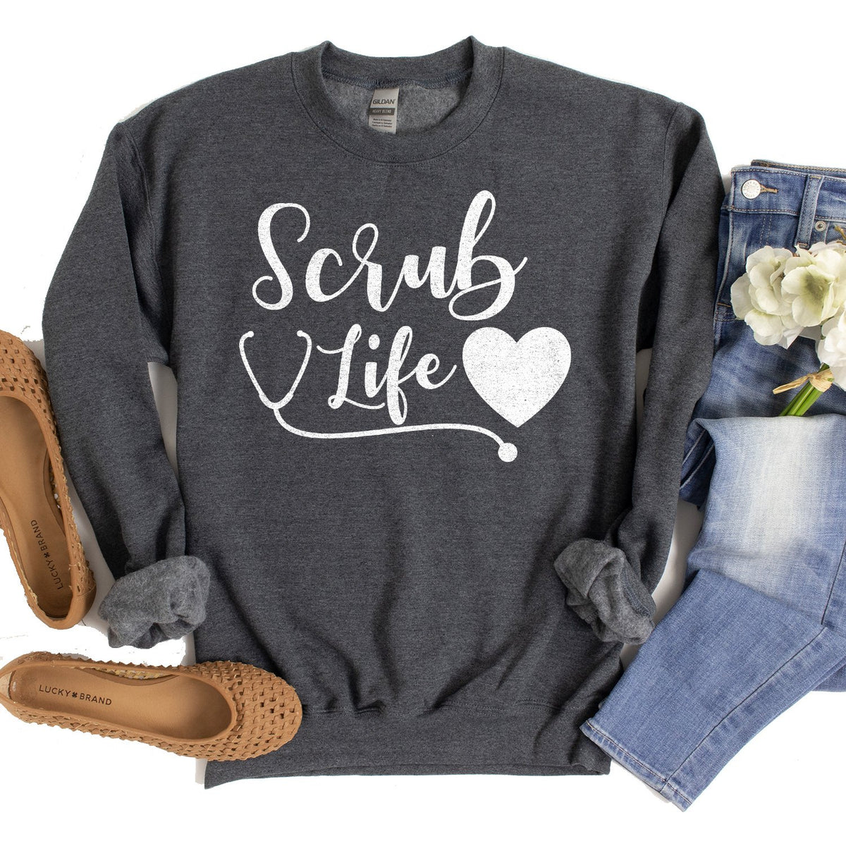 Scrub Life with Stethoscope and Heart - Long Sleeve Heavy Crewneck Sweatshirt