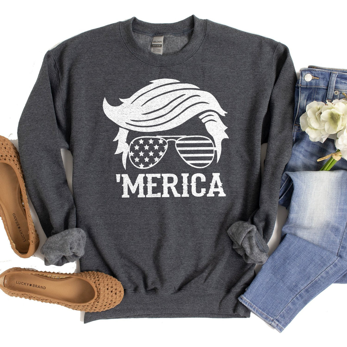 Trump Merica Glasses - Long Sleeve Heavy Crewneck Sweatshirt