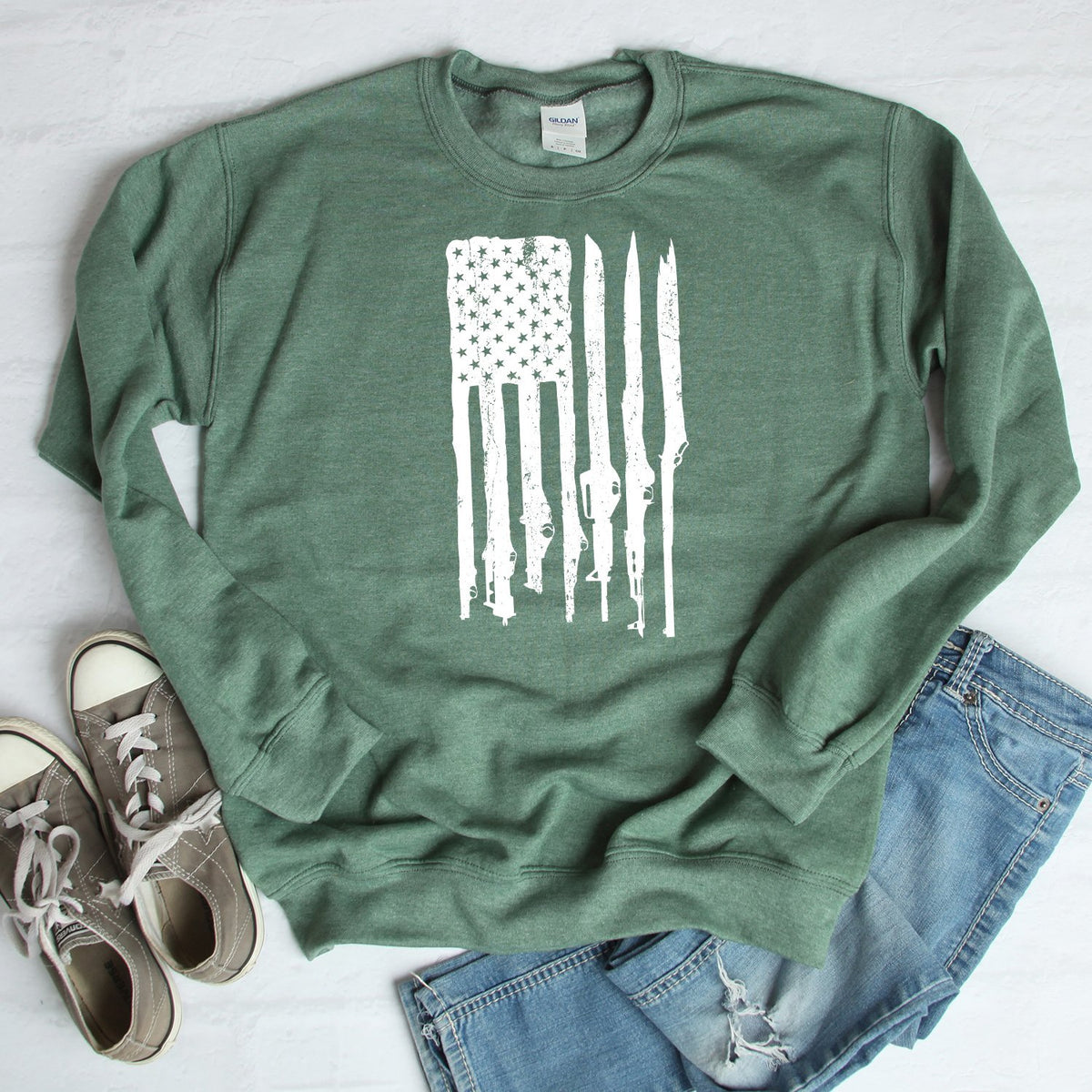 American Flag with Guns - Long Sleeve Heavy Crewneck Sweatshirt