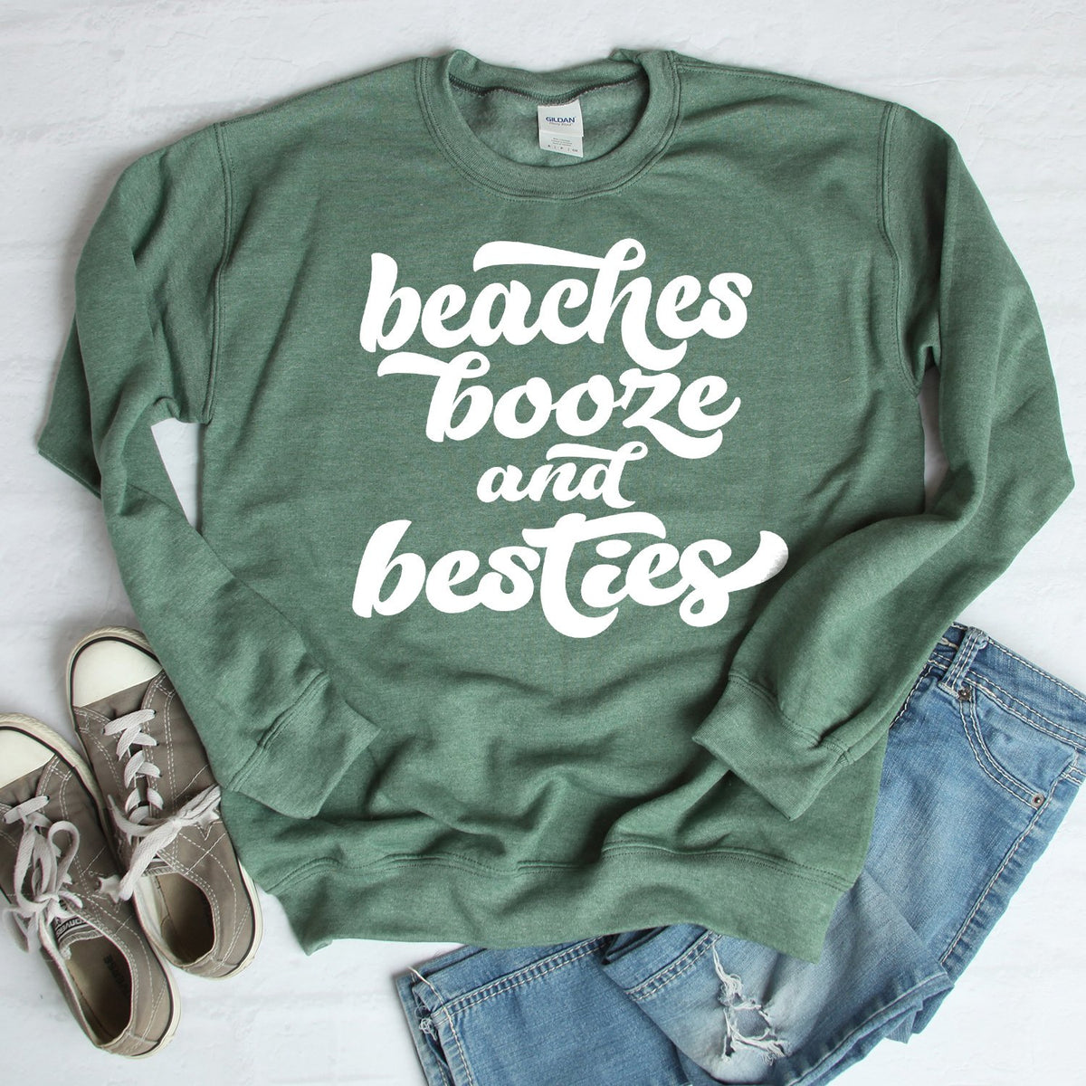 Beaches Booze and Besties - Long Sleeve Heavy Crewneck Sweatshirt