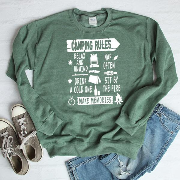 Camping Rules Relax and Unwind Nap Often Drink a Cold One Sit By the Fire Make Memories - Long Sleeve Heavy Crewneck Sweatshirt