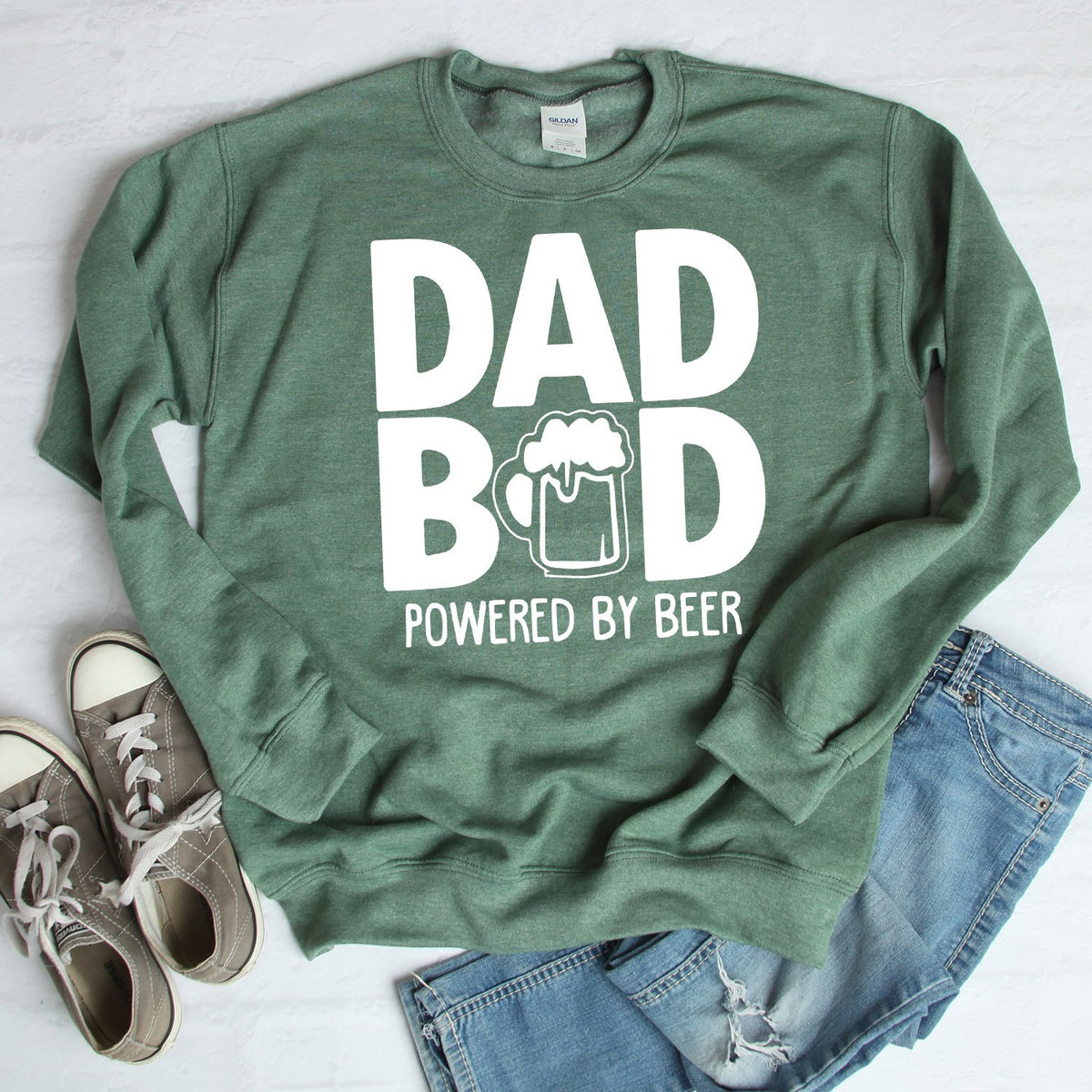 Dad Bod Powered By Beer - Long Sleeve Heavy Crewneck Sweatshirt