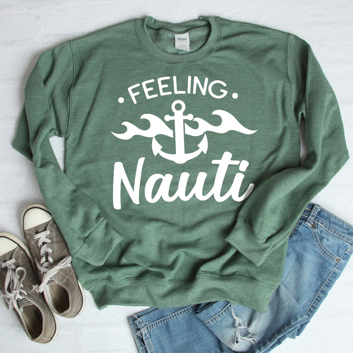 Feeling Nauti with Anchor - Long Sleeve Heavy Crewneck Sweatshirt