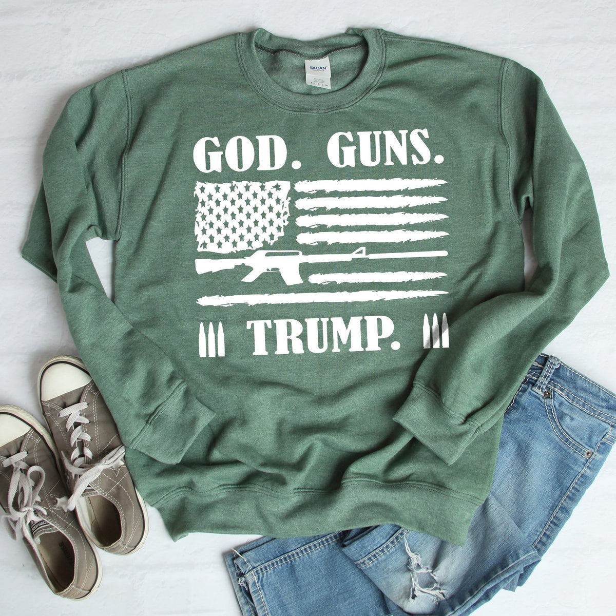 God Guns &amp; Trump - Long Sleeve Heavy Crewneck Sweatshirt