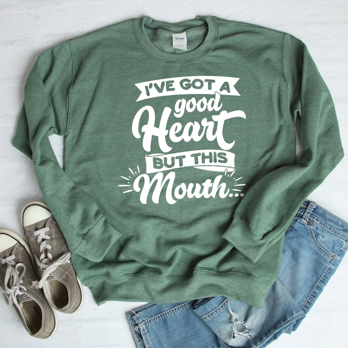I&#39;ve Got A Good Heart But This Mouth - Long Sleeve Heavy Crewneck Sweatshirt