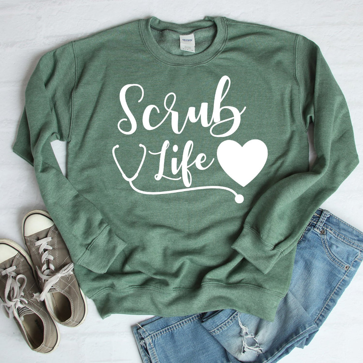 Scrub Life with Stethoscope and Heart - Long Sleeve Heavy Crewneck Sweatshirt