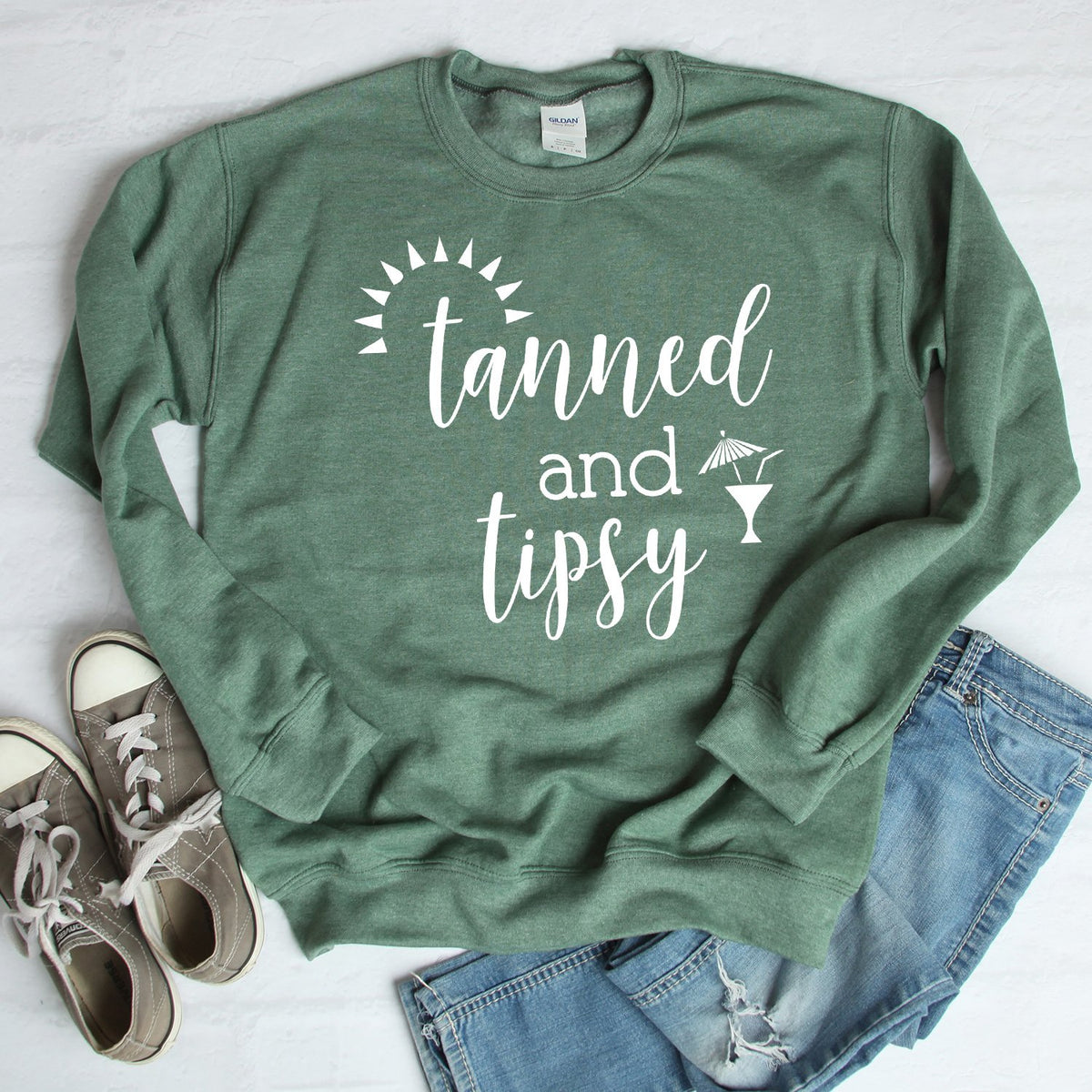 Tanned and Tipsy - Long Sleeve Heavy Crewneck Sweatshirt