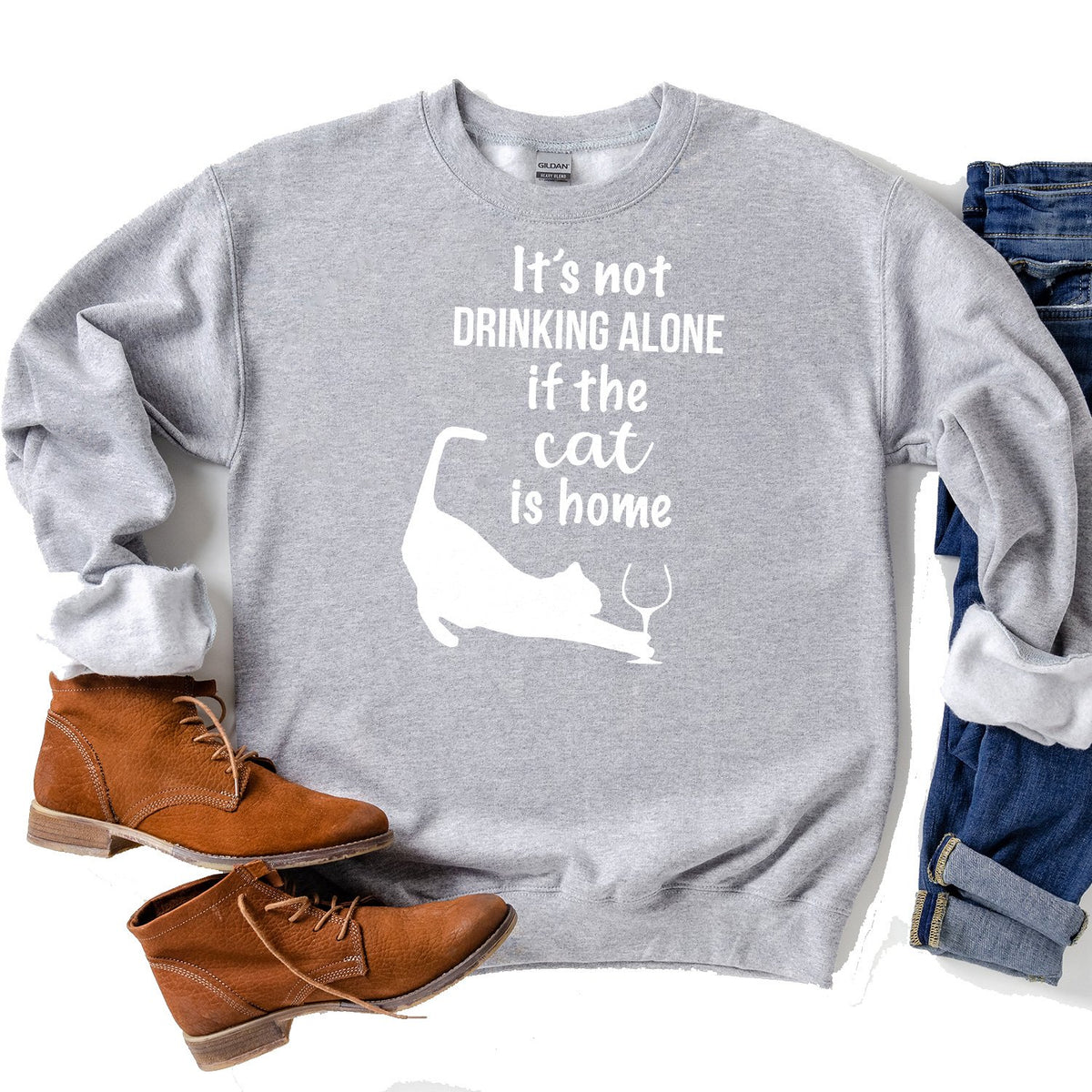 It&#39;s Not Drinking Alone If the Cat is Home - Long Sleeve Heavy Crewneck Sweatshirt