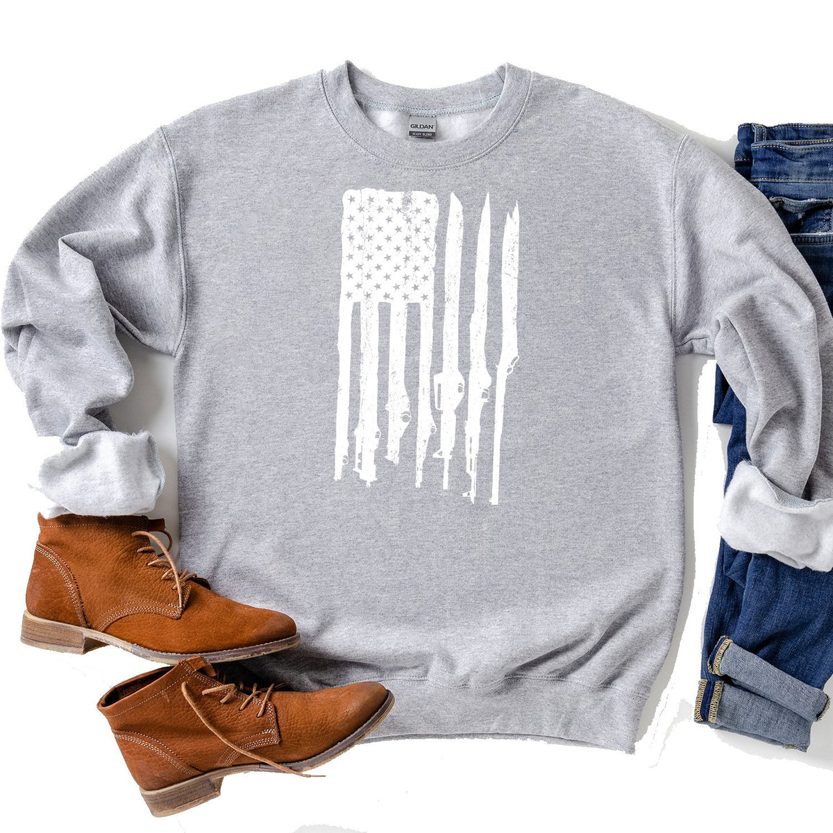 American Flag with Guns - Long Sleeve Heavy Crewneck Sweatshirt