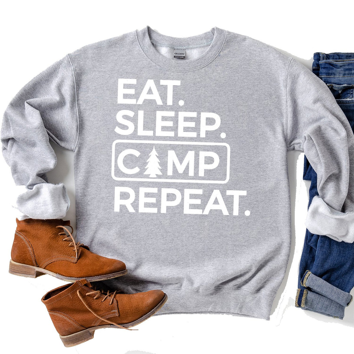 Eat Sleep Camp Repeat - Long Sleeve Heavy Crewneck Sweatshirt