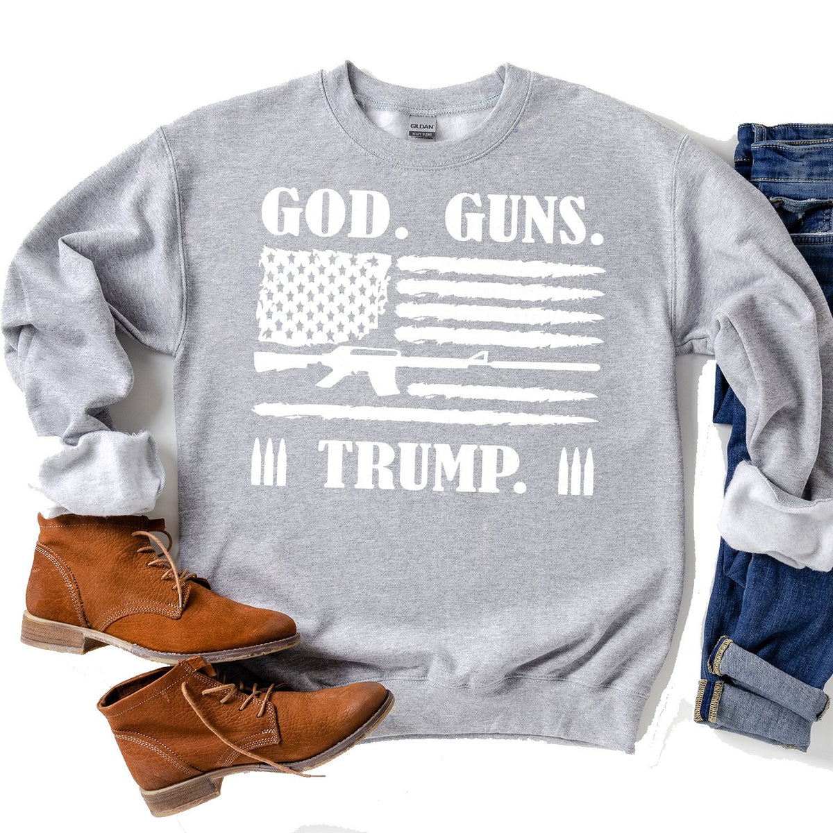 God Guns &amp; Trump - Long Sleeve Heavy Crewneck Sweatshirt