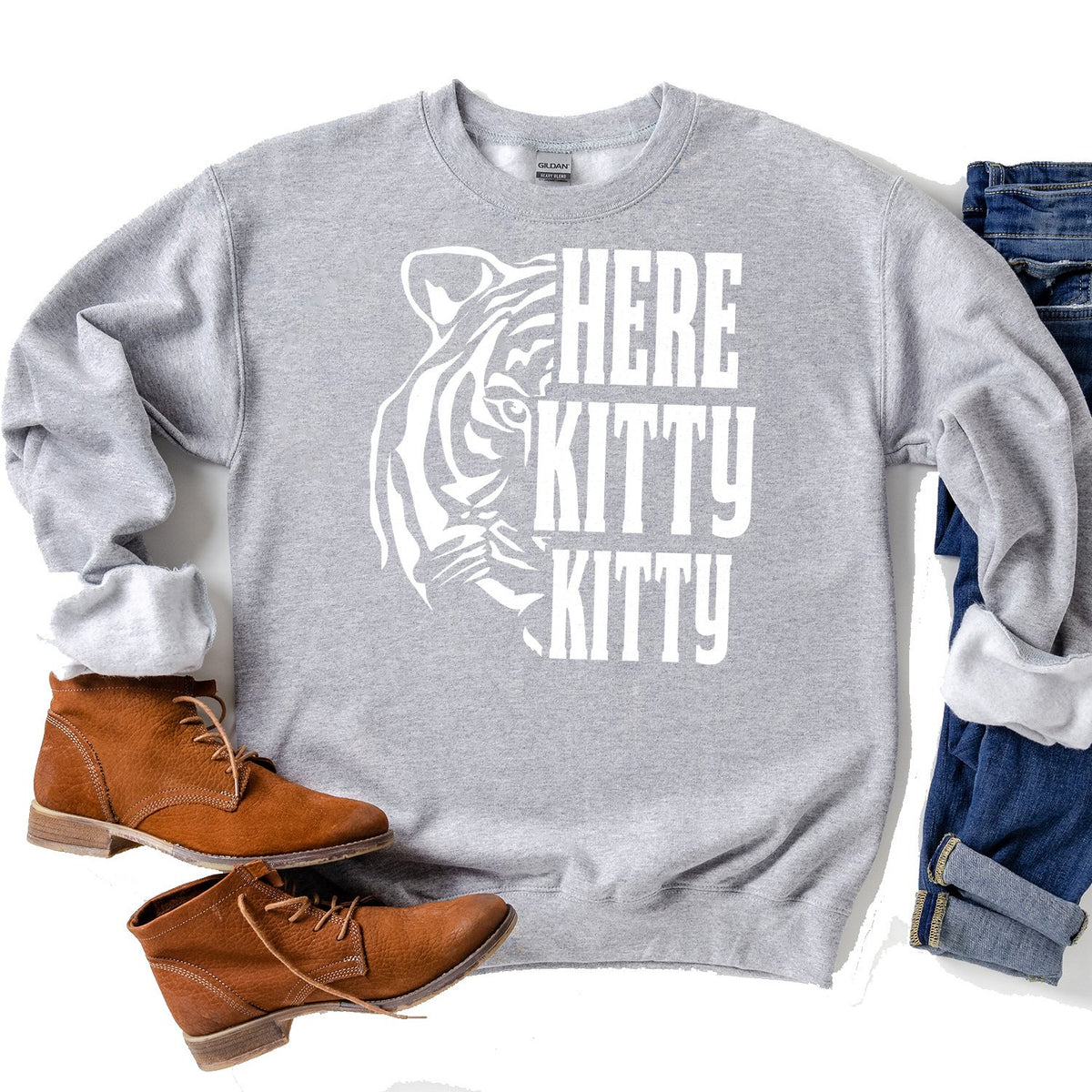Here Kitty Kitty with Tiger - Long Sleeve Heavy Crewneck Sweatshirt