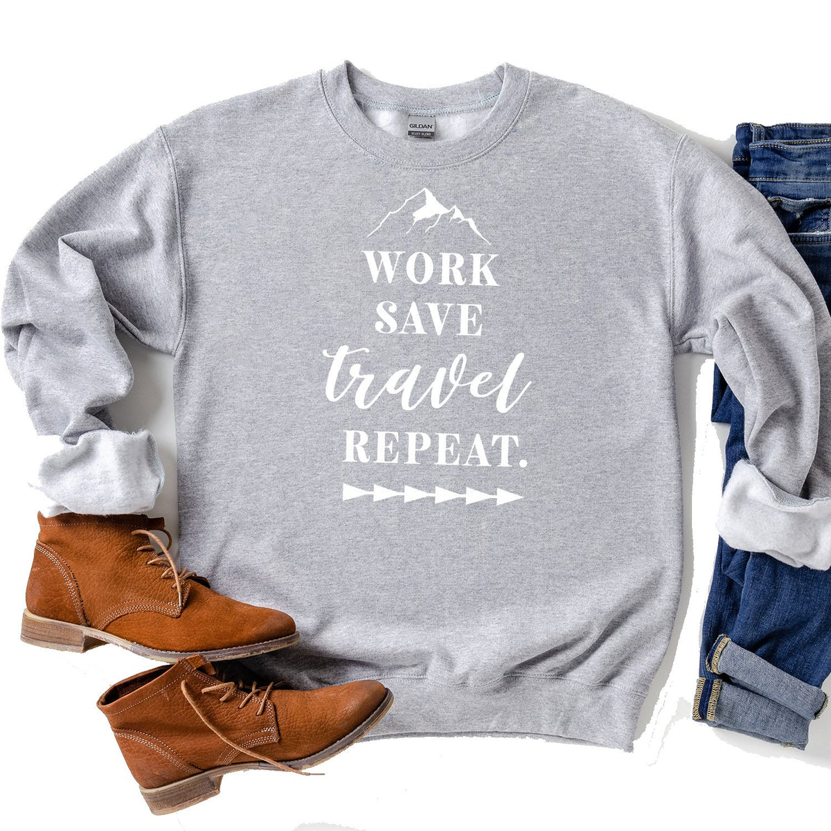 Work Save Travel Repeat - Long Sleeve Heavy Crewneck Sweatshirt
