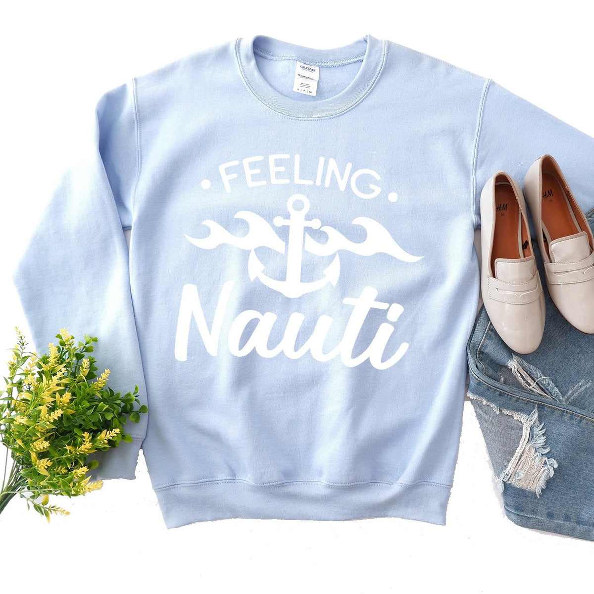 Feeling Nauti with Anchor - Long Sleeve Heavy Crewneck Sweatshirt