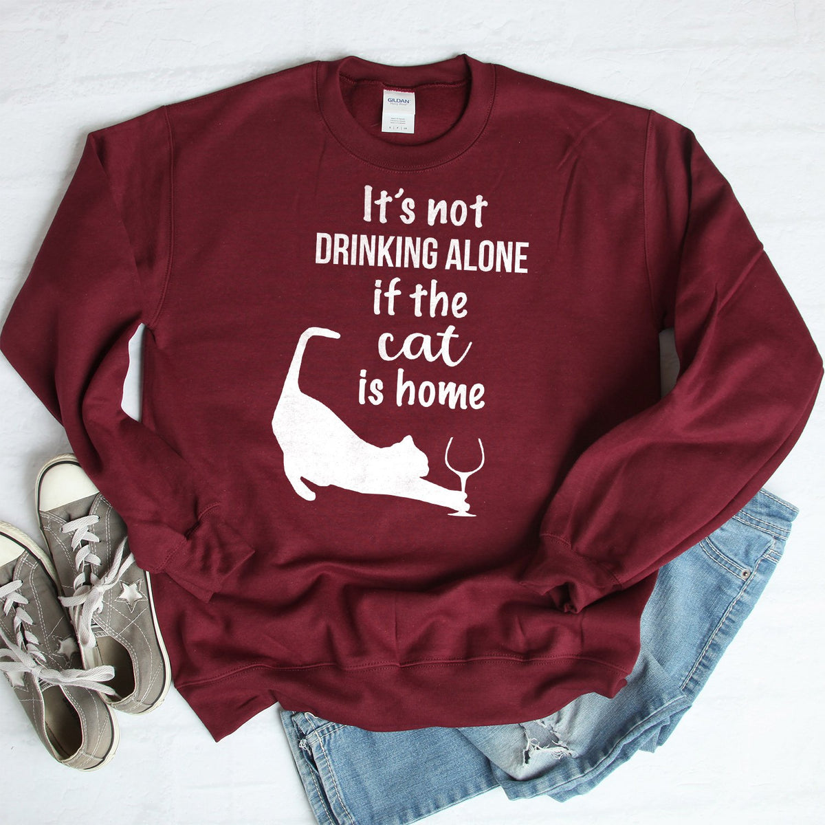 It&#39;s Not Drinking Alone If the Cat is Home - Long Sleeve Heavy Crewneck Sweatshirt