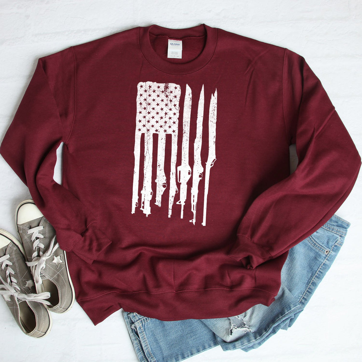American Flag with Guns - Long Sleeve Heavy Crewneck Sweatshirt