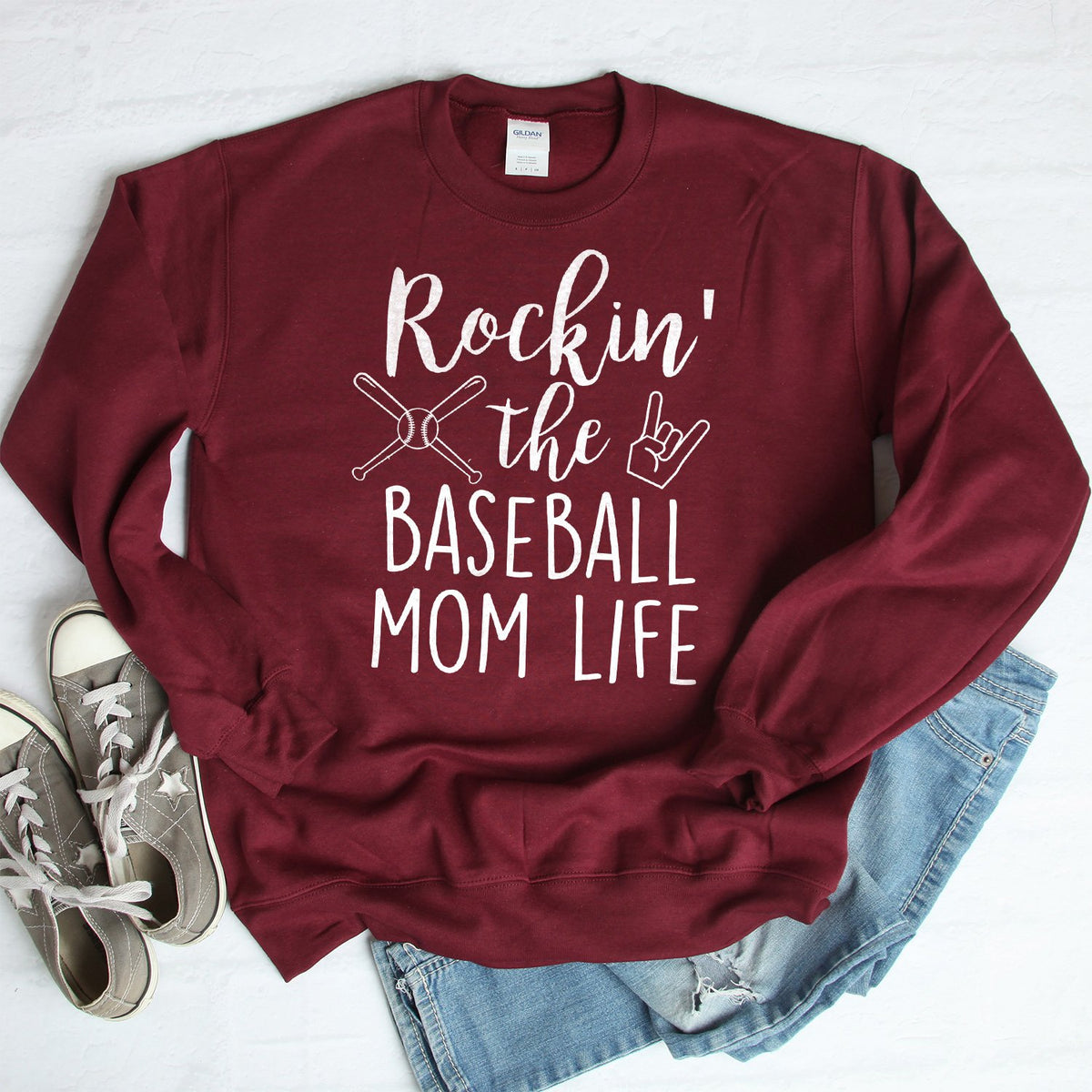 Rockin&#39; The Baseball Mom Life - Long Sleeve Heavy Crewneck Sweatshirt