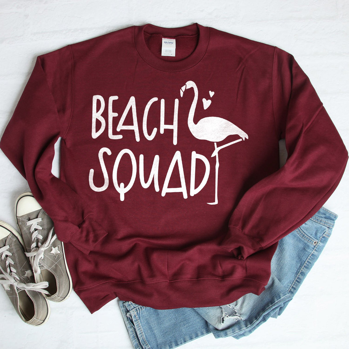 Beach Squad with Swan - Long Sleeve Heavy Crewneck Sweatshirt