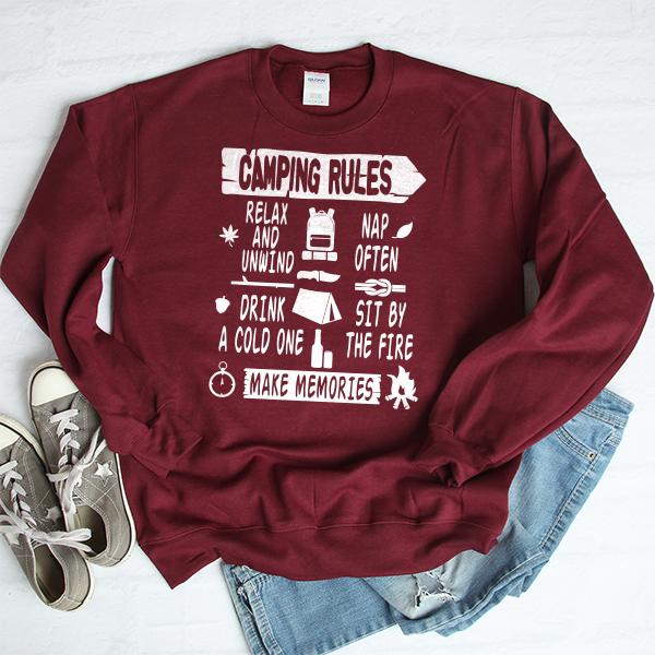 Camping Rules Relax and Unwind Nap Often Drink a Cold One Sit By the Fire Make Memories - Long Sleeve Heavy Crewneck Sweatshirt