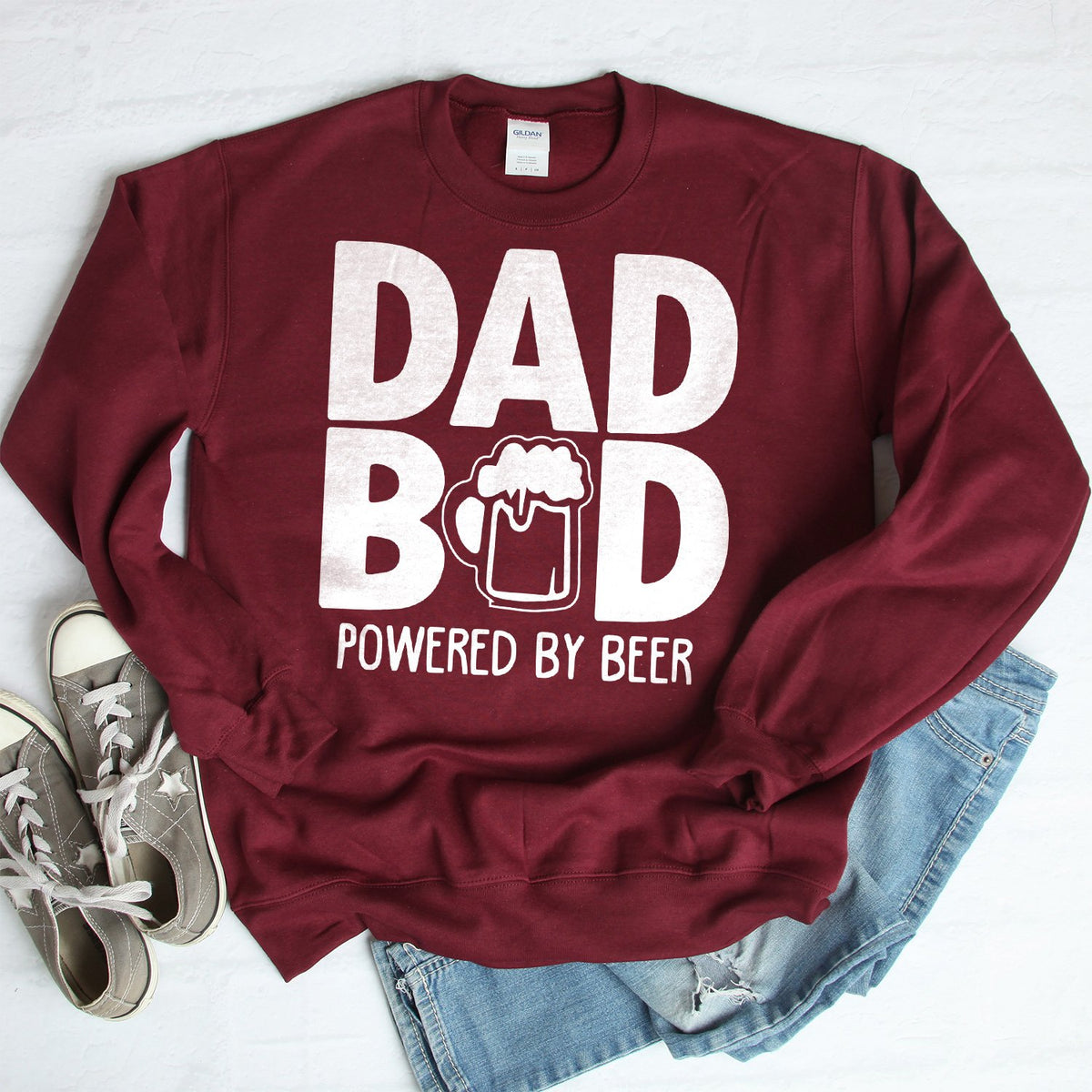 Dad Bod Powered By Beer - Long Sleeve Heavy Crewneck Sweatshirt
