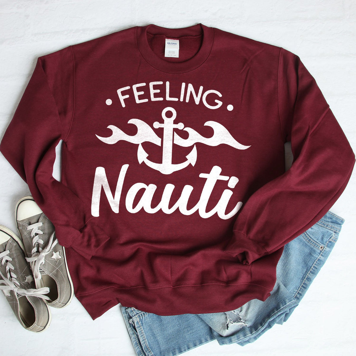 Feeling Nauti with Anchor - Long Sleeve Heavy Crewneck Sweatshirt