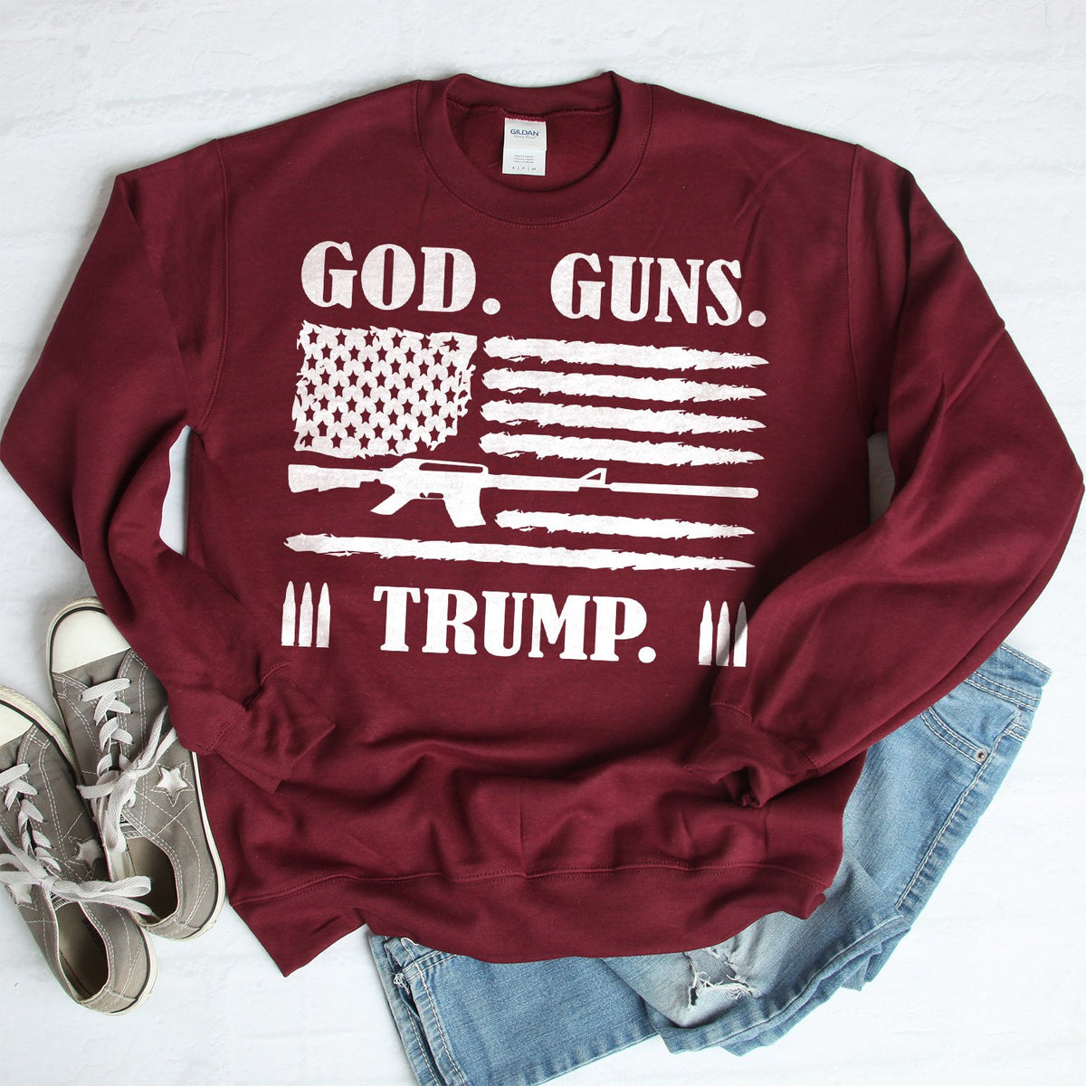 God Guns &amp; Trump - Long Sleeve Heavy Crewneck Sweatshirt