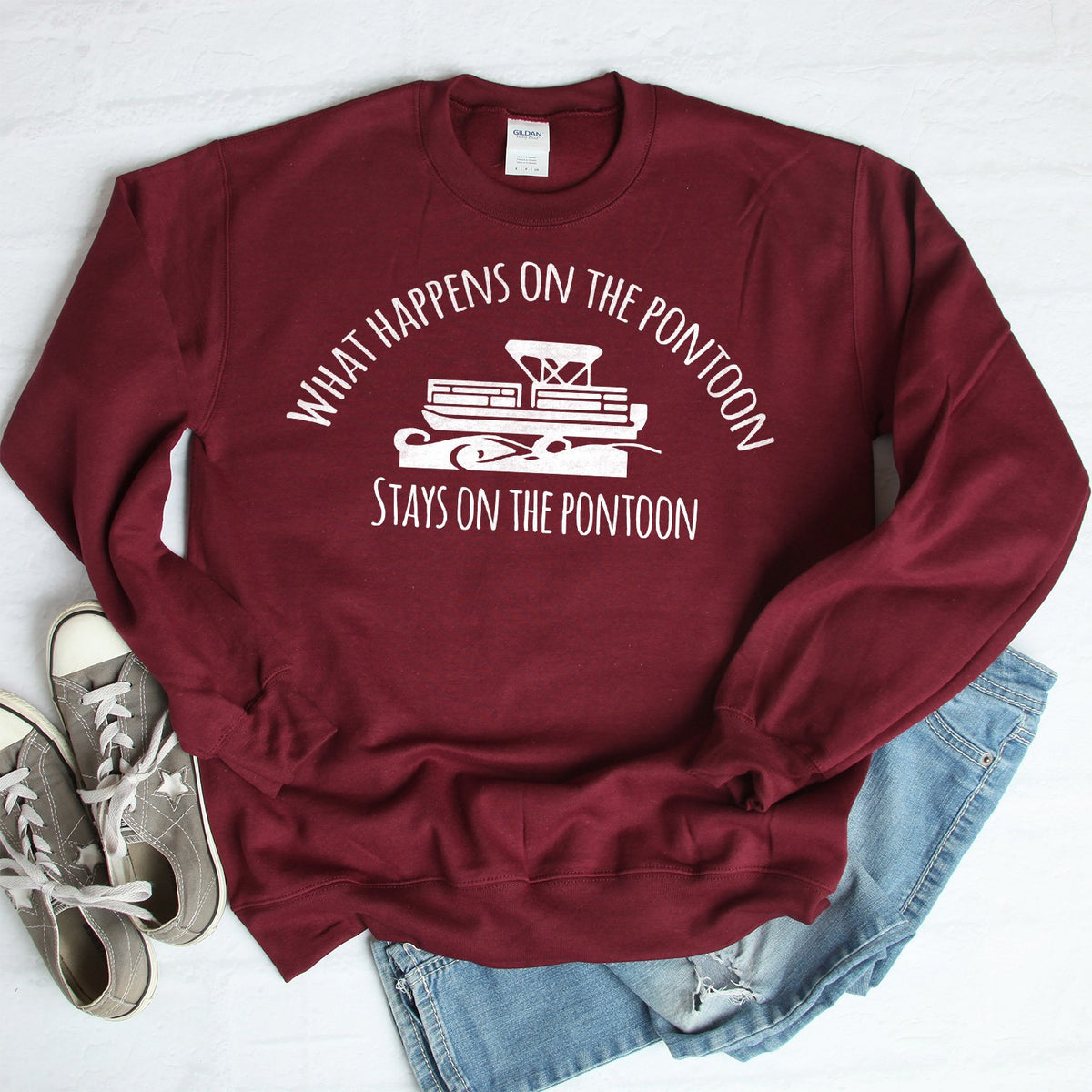 What Happens on the Pontoon Stays on the Pontoon - Long Sleeve Heavy Crewneck Sweatshirt