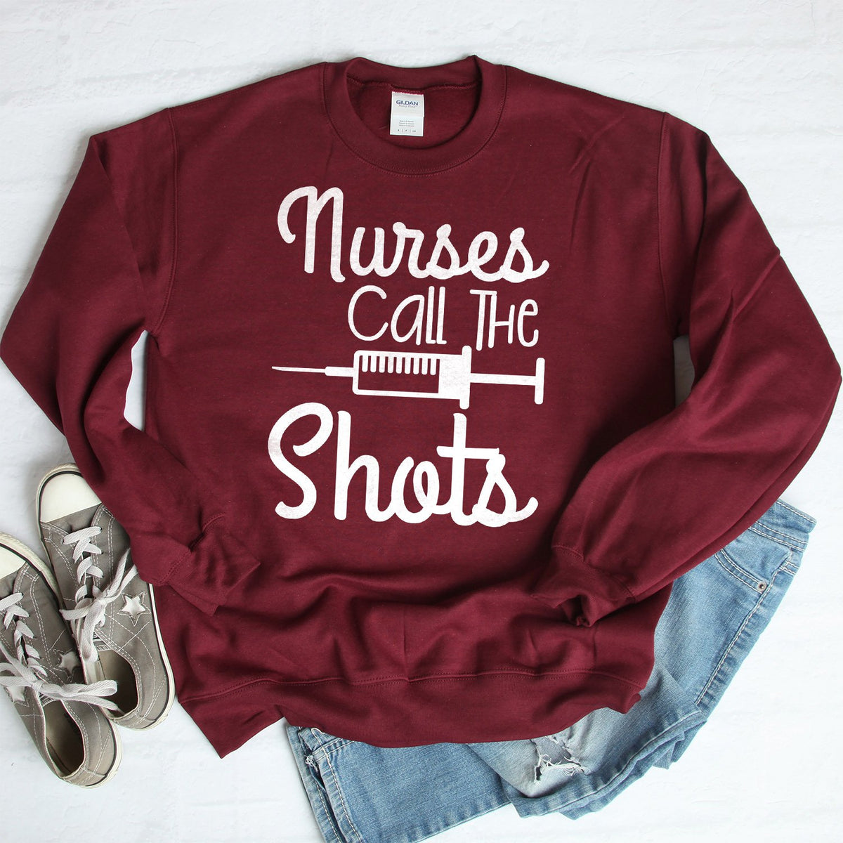 Nurses Call the Shots - Long Sleeve Heavy Crewneck Sweatshirt