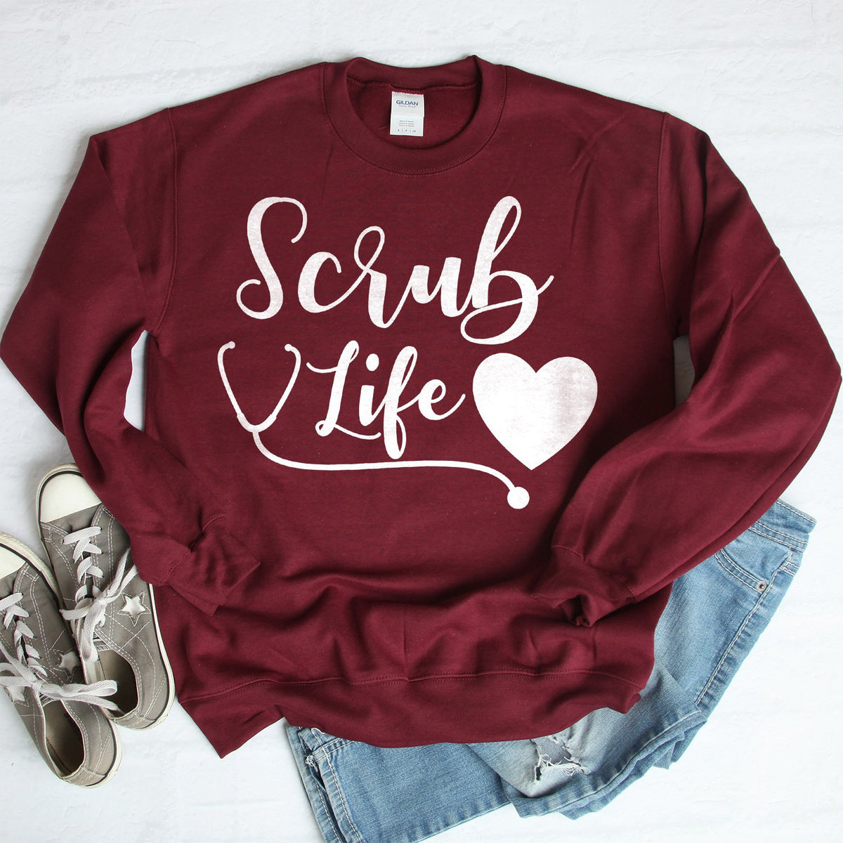 Scrub Life with Stethoscope and Heart - Long Sleeve Heavy Crewneck Sweatshirt