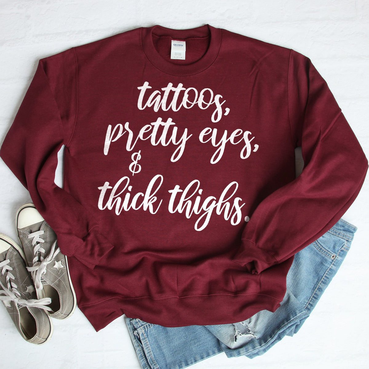 Tattoos, Pretty Eyes &amp; Thick Thighs - Long Sleeve Heavy Crewneck Sweatshirt