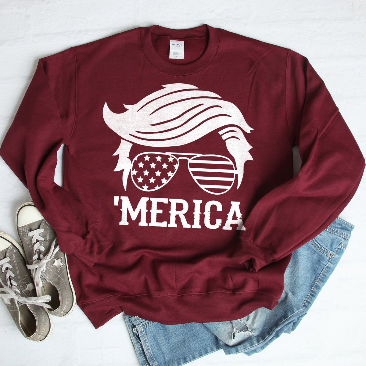 Trump Merica Glasses - Long Sleeve Heavy Crewneck Sweatshirt