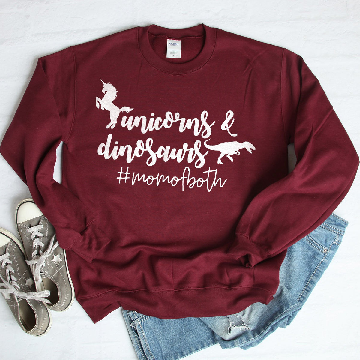 Unicorns &amp; Dinosaurs #MomOfBoth - Long Sleeve Heavy Crewneck Sweatshirt